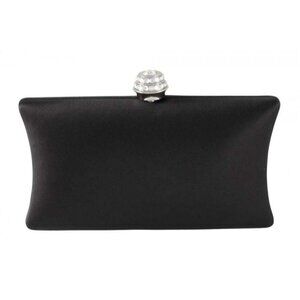 Rhinestone Clasp Classic Preppy Black Satin Clutch Purse Gold X Body Chain Strap